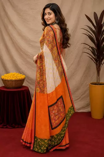 White orange linen digital print work saree with unstitched blouse piece