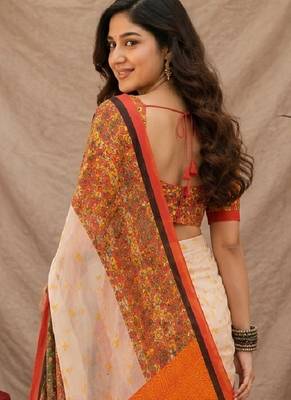 White orange linen digital print work saree with unstitched blouse piece 4