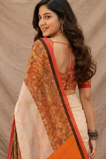 White orange linen digital print work saree with unstitched blouse piece