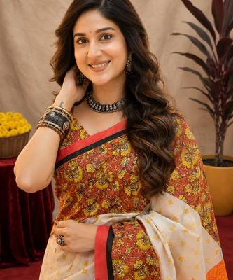 White orange linen digital print work saree with unstitched blouse piece 5