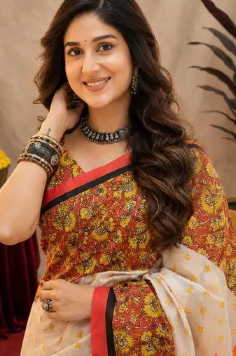 White orange linen digital print work saree with unstitched blouse piece