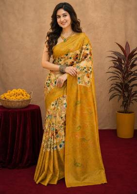 Off white yellow linen digital print work saree with unstitched blouse piece 1