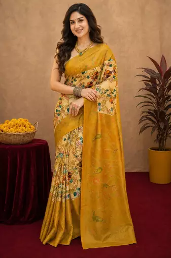 Off white yellow linen digital print work saree with unstitched blouse piece