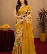 Off white yellow linen digital print work saree with unstitched blouse piece