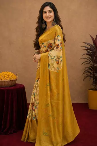 Off white yellow linen digital print work saree with unstitched blouse piece