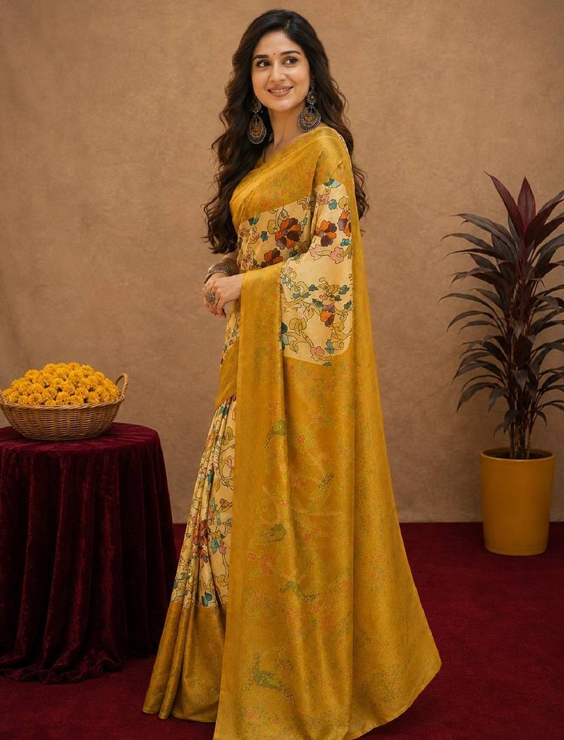 Off white yellow linen digital print work saree with unstitched blouse piece