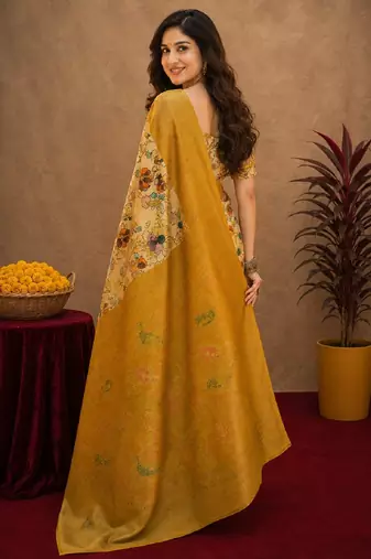 Off white yellow linen digital print work saree with unstitched blouse piece