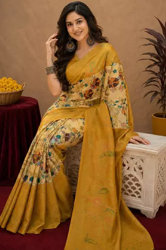 Off white yellow linen digital print work saree with unstitched blouse piece