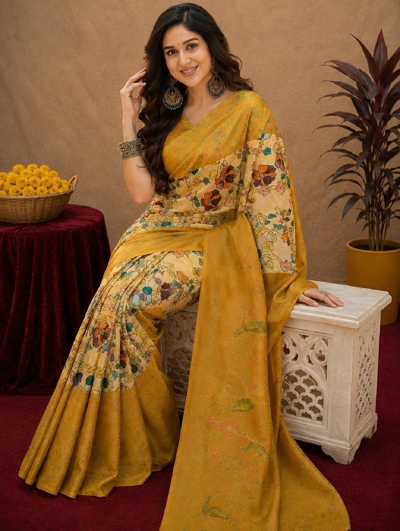 Off white yellow linen digital print work saree with unstitched blouse piece