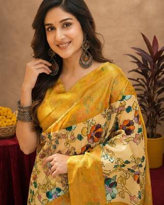 Off white yellow linen digital print work saree with unstitched blouse piece 5