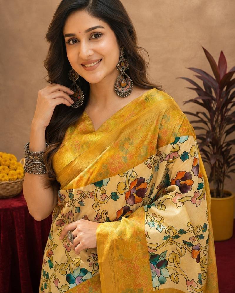Off white yellow linen digital print work saree with unstitched blouse piece