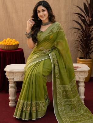 Mehendi linen digital print work saree with unstitched blouse piece 1