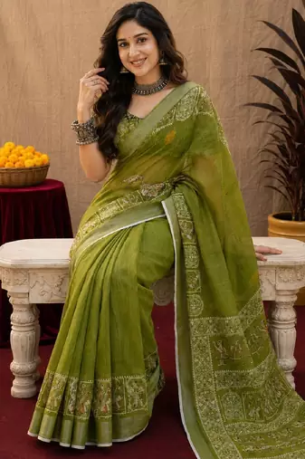 Mehendi linen digital print work saree with unstitched blouse piece