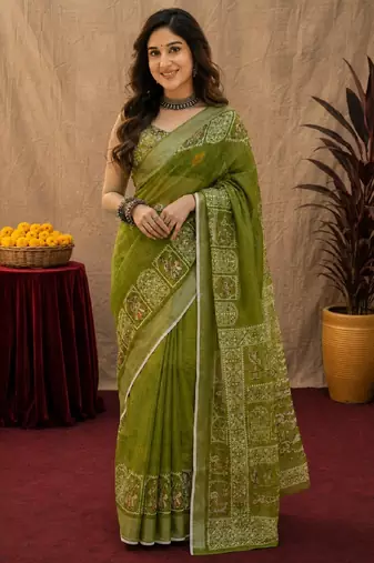 Mehendi linen digital print work saree with unstitched blouse piece