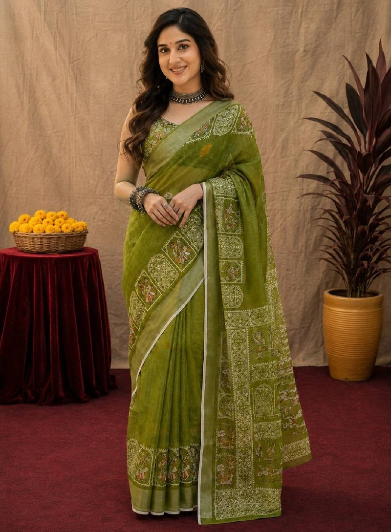 Mehendi linen digital print work saree with unstitched blouse piece