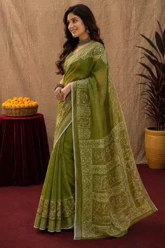 Mehendi linen digital print work saree with unstitched blouse piece