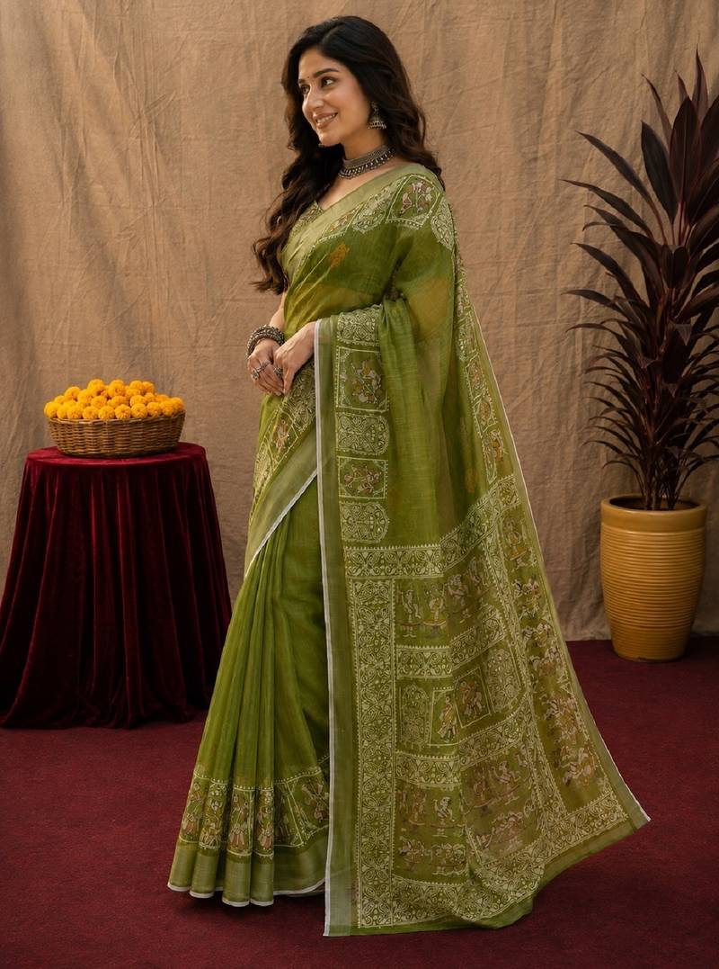 Mehendi linen digital print work saree with unstitched blouse piece