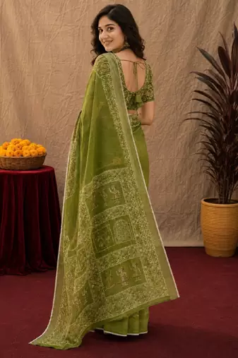 Mehendi linen digital print work saree with unstitched blouse piece