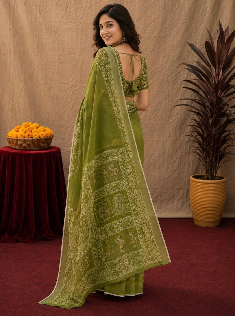 Mehendi linen digital print work saree with unstitched blouse piece