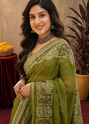 Mehendi linen digital print work saree with unstitched blouse piece 5