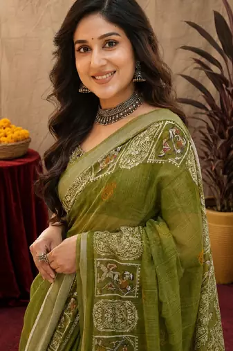 Mehendi linen digital print work saree with unstitched blouse piece