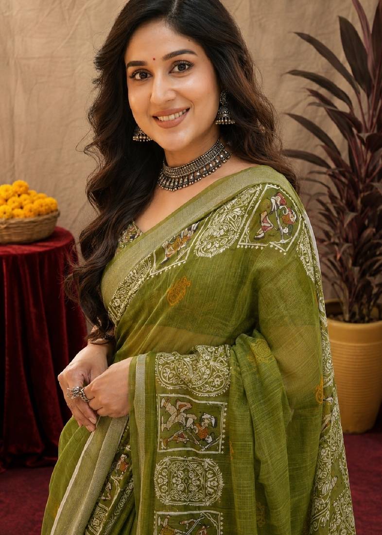 Mehendi linen digital print work saree with unstitched blouse piece