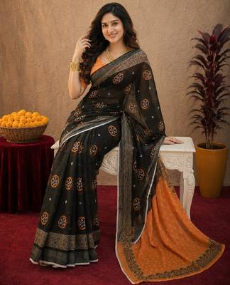 Black orange linen digital print work saree with unstitched blouse piece 1