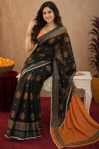 Black orange linen digital print work saree with unstitched blouse piece