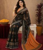 Black orange linen digital print work saree with unstitched blouse piece