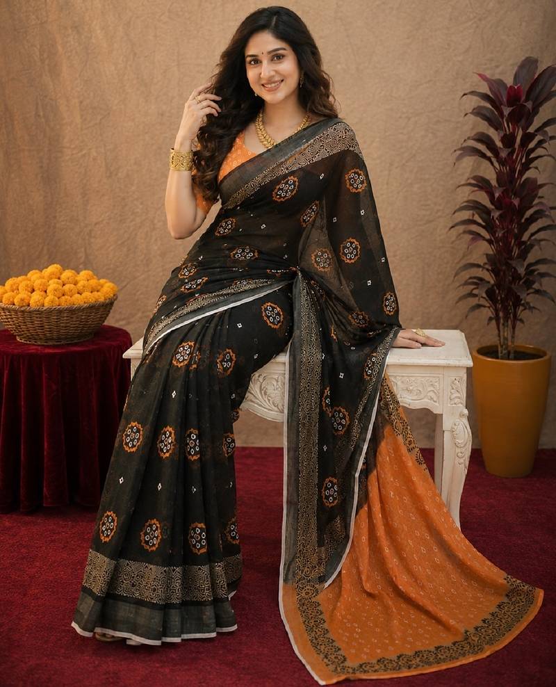 Black orange linen digital print work saree with unstitched blouse piece