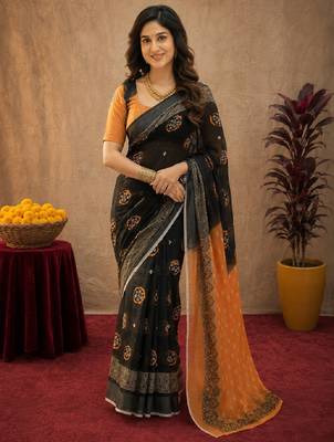 Black orange linen digital print work saree with unstitched blouse piece 2