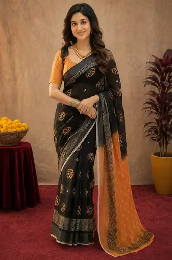 Black orange linen digital print work saree with unstitched blouse piece