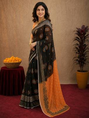 Black orange linen digital print work saree with unstitched blouse piece 3