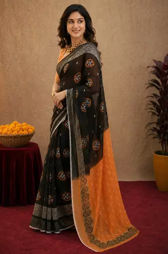 Black orange linen digital print work saree with unstitched blouse piece