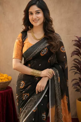 Black orange linen digital print work saree with unstitched blouse piece
