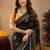 Black orange linen digital print work saree with unstitched blouse piece