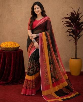 Black red linen digital print work saree with unstitched blouse piece 1