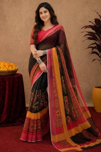 Black red linen digital print work saree with unstitched blouse piece