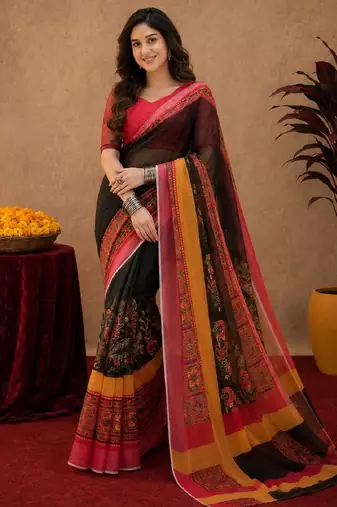 Black red linen digital print work saree with unstitched blouse piece