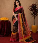 Black red linen digital print work saree with unstitched blouse piece