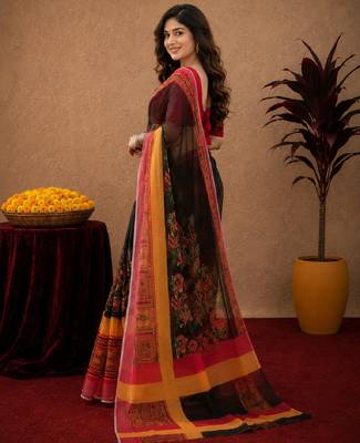Black red linen digital print work saree with unstitched blouse piece 2
