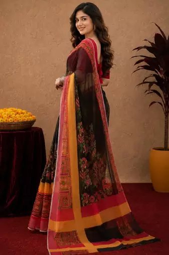 Black red linen digital print work saree with unstitched blouse piece