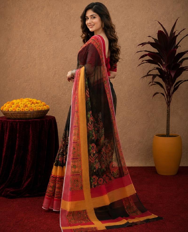 Black red linen digital print work saree with unstitched blouse piece