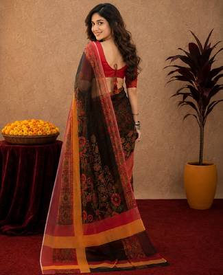 Black red linen digital print work saree with unstitched blouse piece 3
