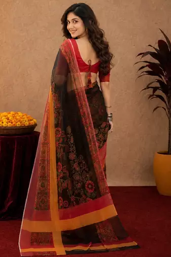 Black red linen digital print work saree with unstitched blouse piece