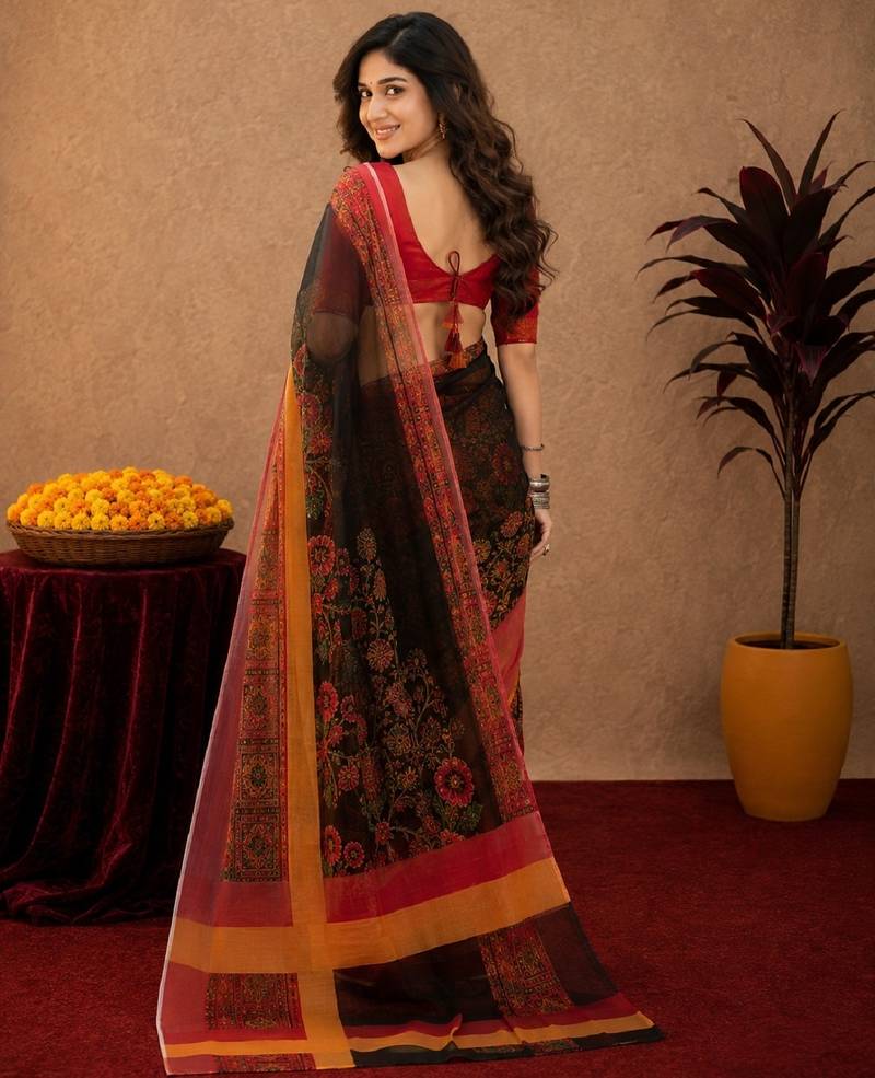 Black red linen digital print work saree with unstitched blouse piece