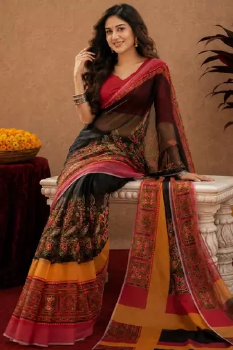 Black red linen digital print work saree with unstitched blouse piece