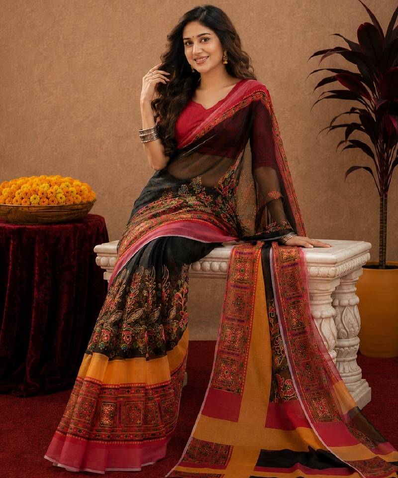 Black red linen digital print work saree with unstitched blouse piece