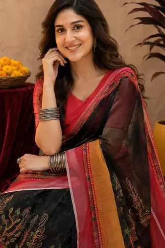 Black red linen digital print work saree with unstitched blouse piece