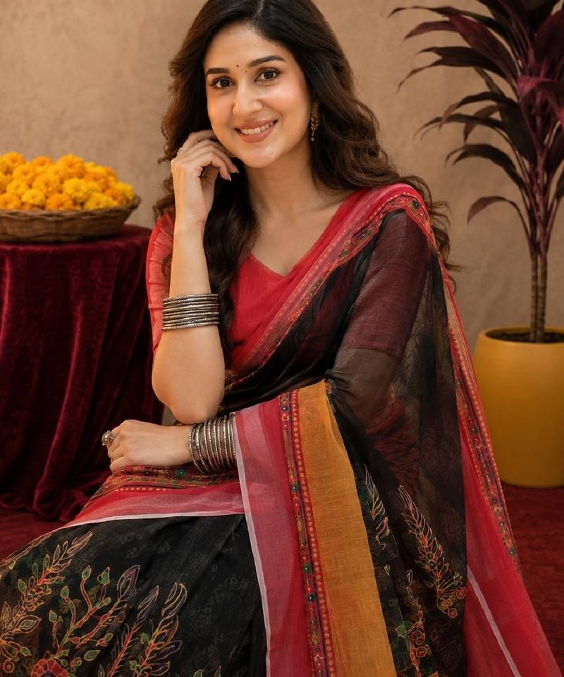 Black red linen digital print work saree with unstitched blouse piece